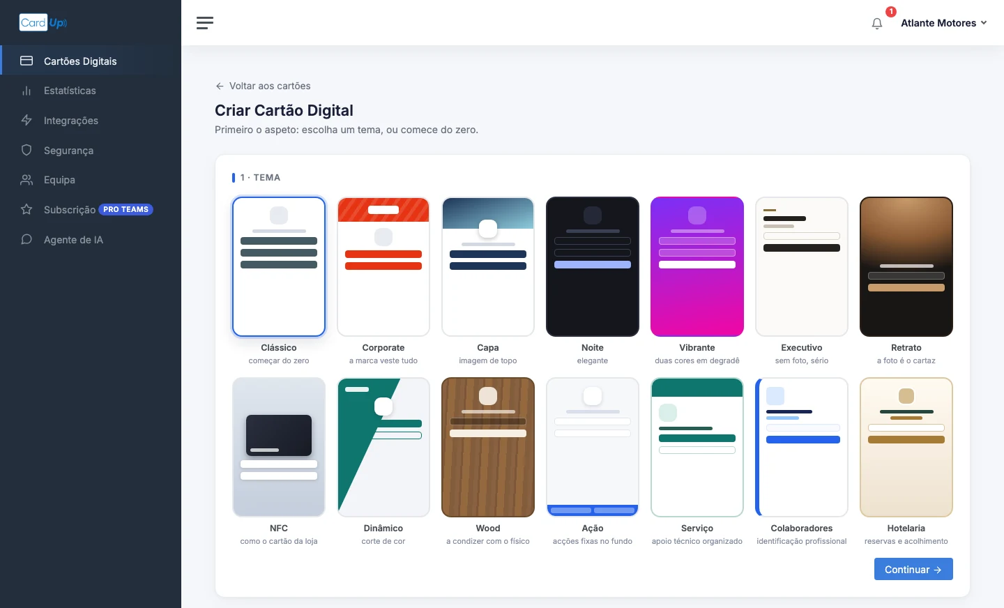 Escolha do tema na criação de um cartão digital