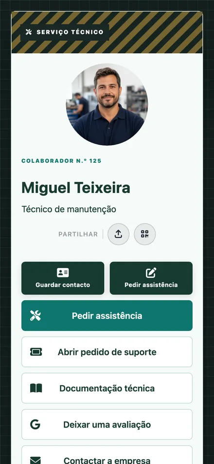 Perfil digital de assistência técnica de Miguel Teixeira no telemóvel