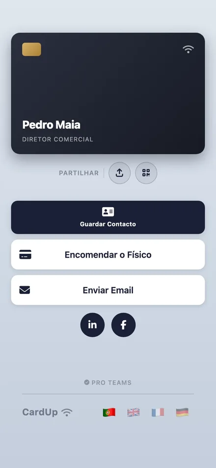 Perfil digital NFC de Pedro Maia no telemóvel